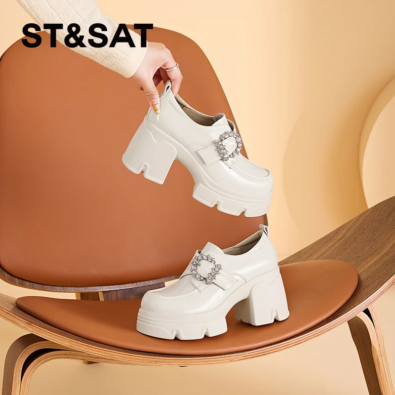 St&Sat/星期六女鞋厚底水钻真皮乐福鞋英伦气质单鞋黑色时尚高跟