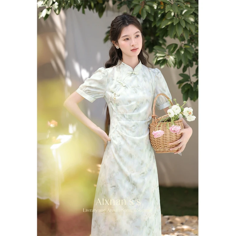 鹿向南《清风绿浮》新款气质新中式开衫改良显瘦长裙旗袍连衣裙