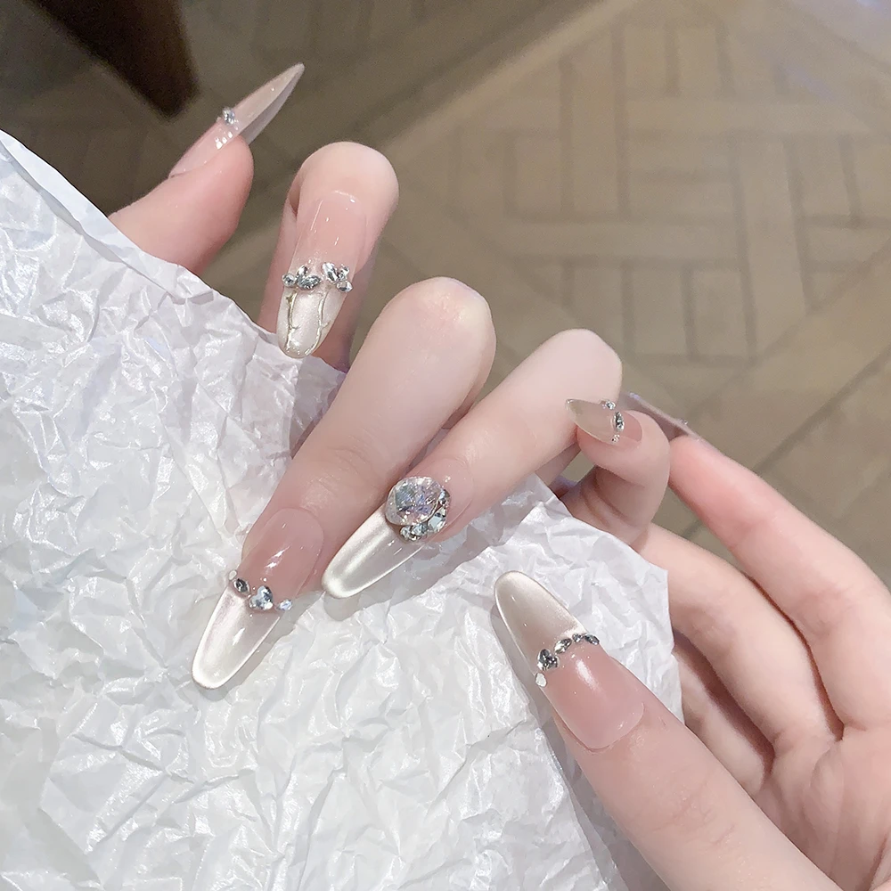 【灯火阑珊】手工美甲穿戴甲猫眼法式显白高级感中长款指甲贴纸