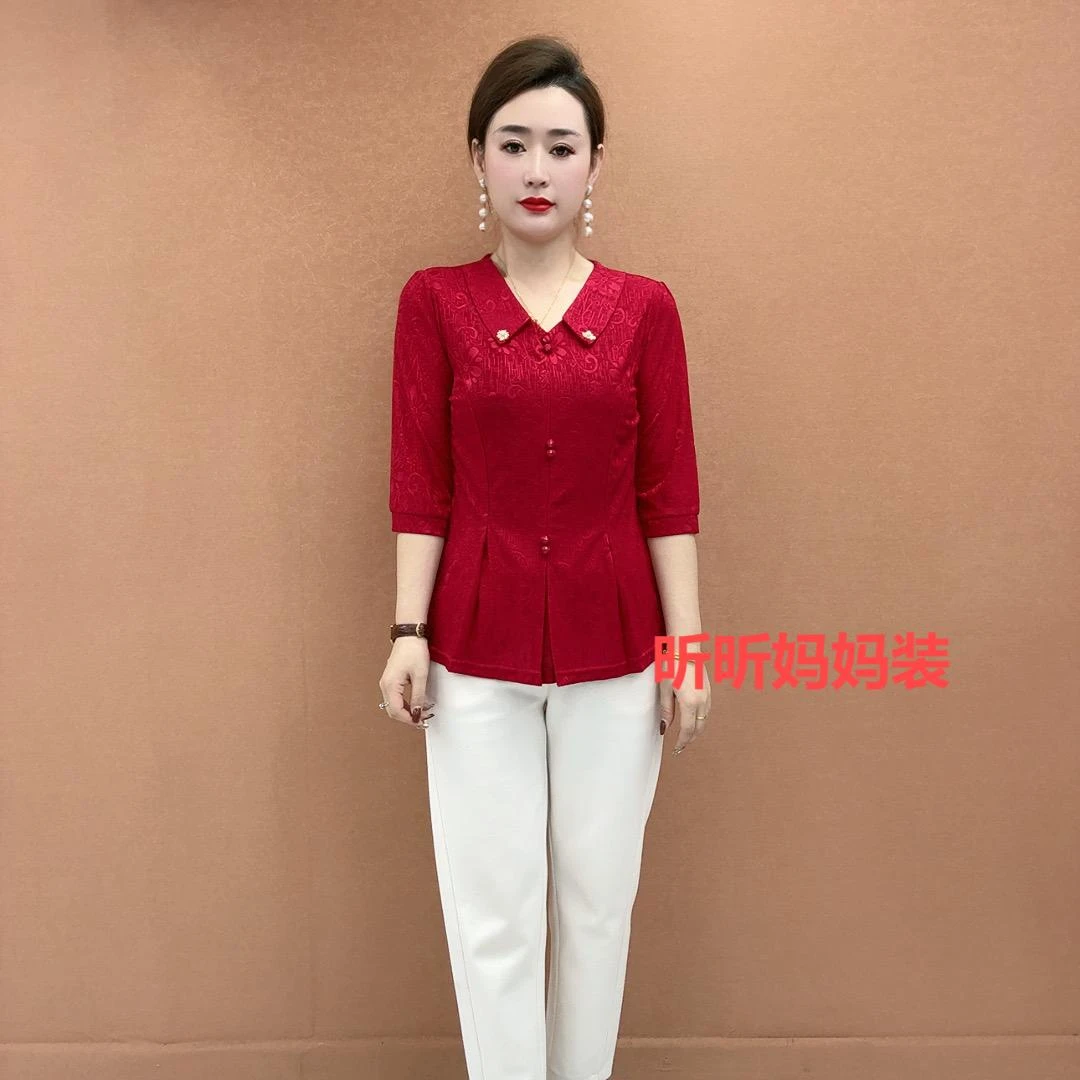 2025年新款中老年女士中袖衬衫时尚显瘦夏妈妈装T恤中年短袖上衣