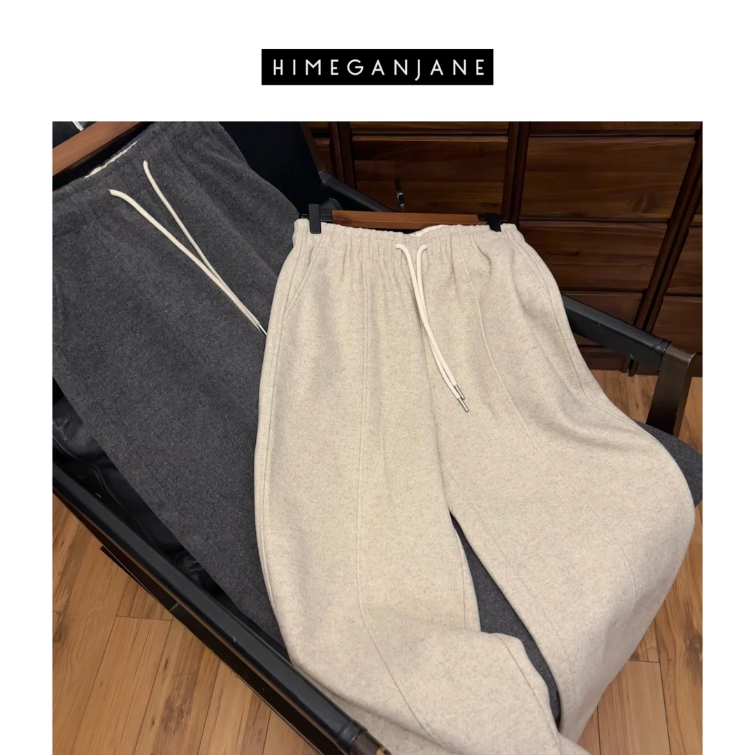 HIMEGANJANE 秋冬绵羊毛遮胯显瘦宽松休闲九分萝卜裤22556