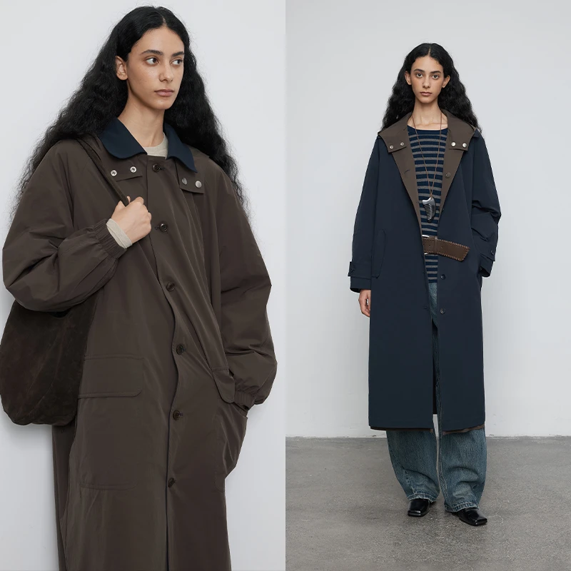 半圆女装[运动]2025秋季H型双面穿拼色长款翻领风衣女Q5511749