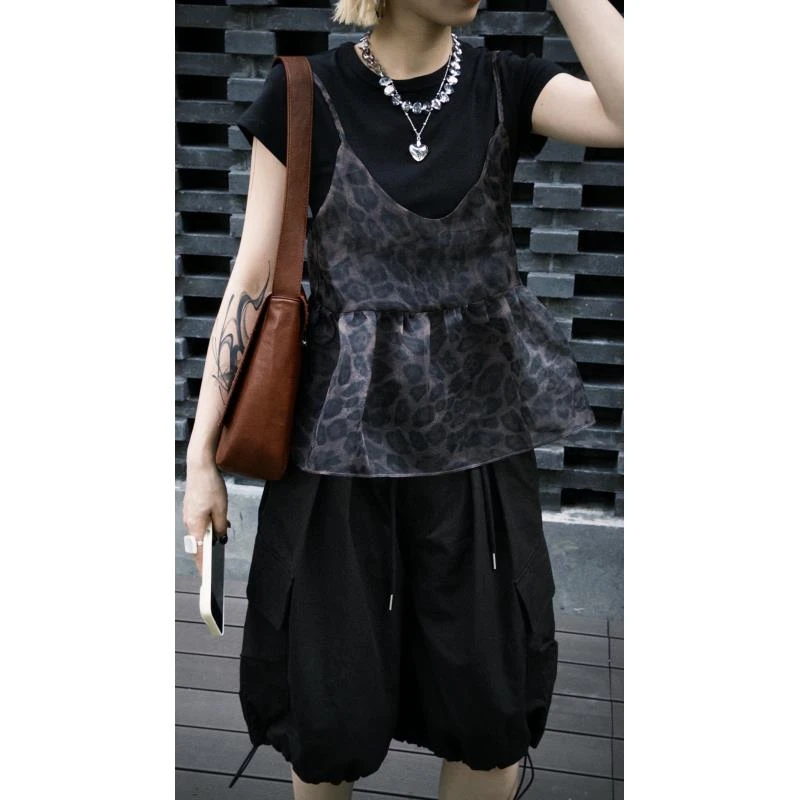 HELLOTANGO《甜酷豹纹》韩系复古甜酷风可叠穿微透豹纹吊带85452#