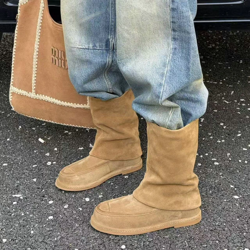 诗歌兰女鞋2025秋季新款真皮磨砂厚底复古中筒时装靴1595-56