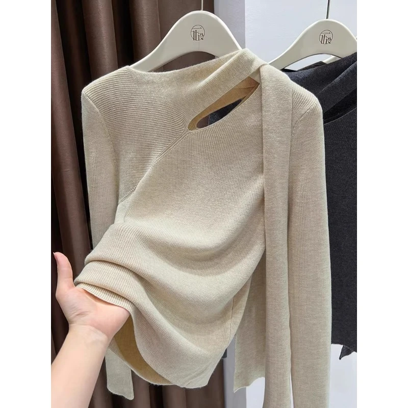 设计感镂空针织衫女秋冬高级感御姐贵气飘带挂脖打底衫修身上衣