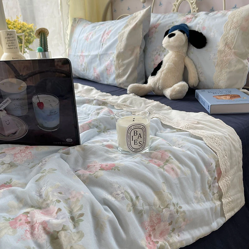 【100%纯棉双层纱】夏凉被四件套公主风花边空调被全棉单人学生机洗