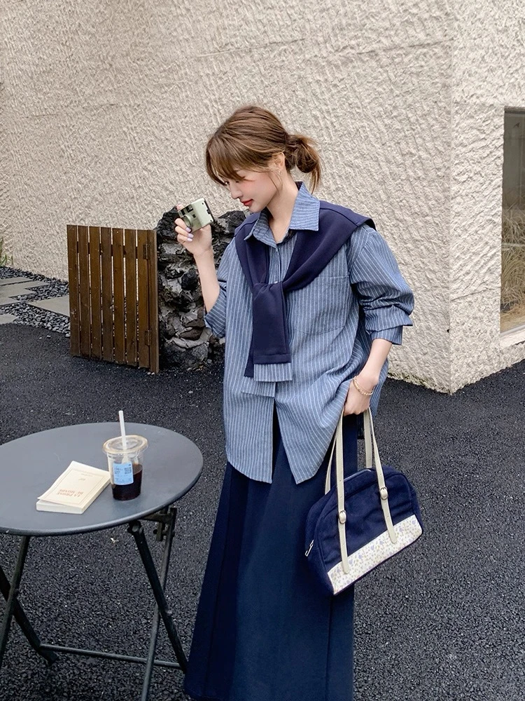 春秋大码裙套装韩版运动风时尚显瘦气质长袖衬衣裙子披肩三件套潮