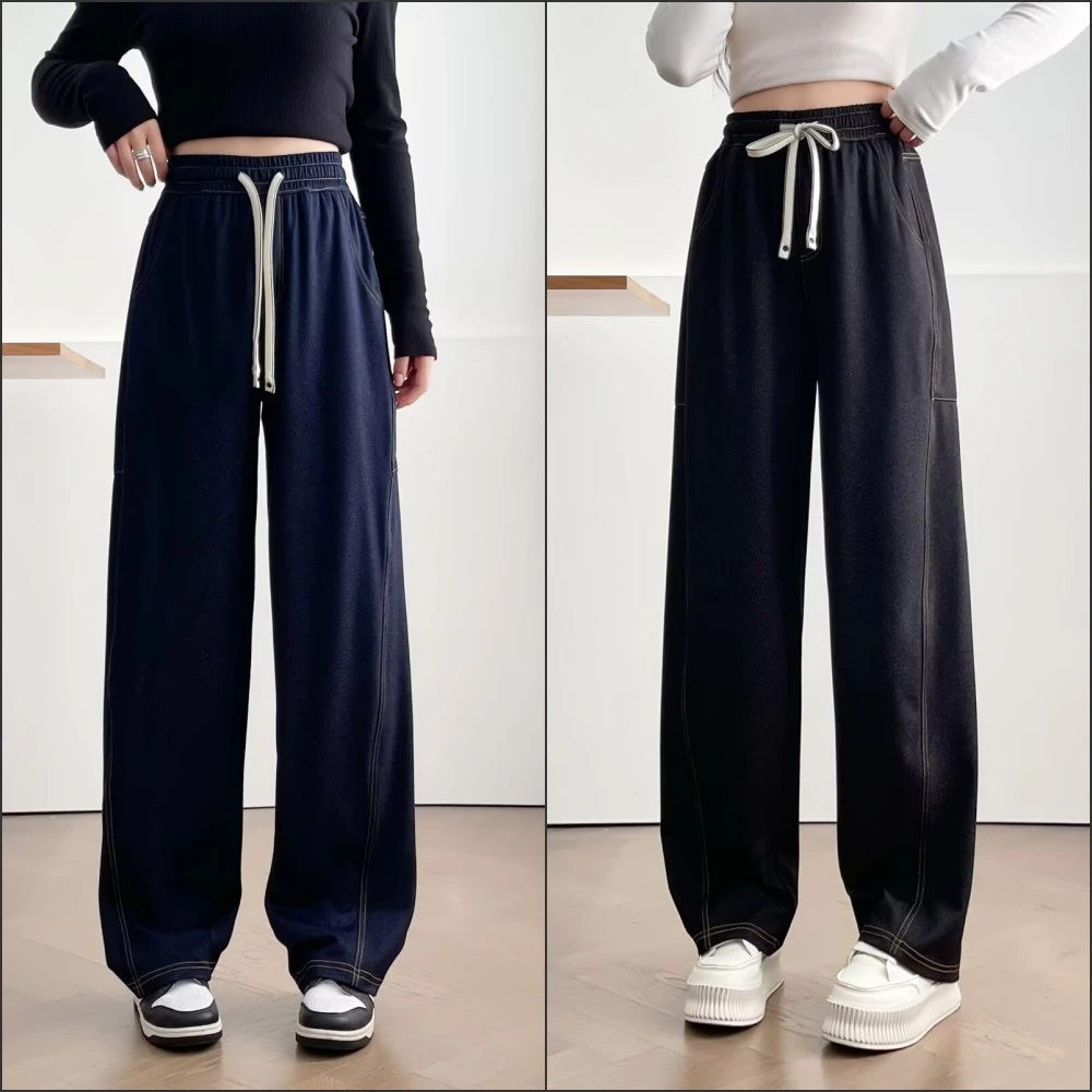 大码女装显腿长垂感高腰显瘦明线牛仔裤秋新款宽松遮胯直筒裤020