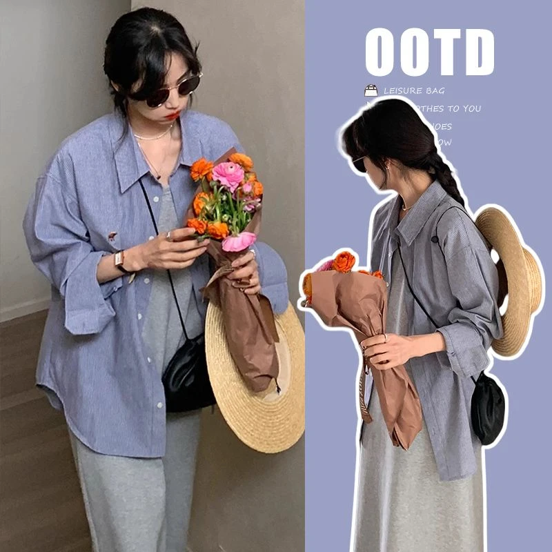 2025新款灰色法式气质背心连衣裙+韩版宽松落肩袖条纹衬衫两件套