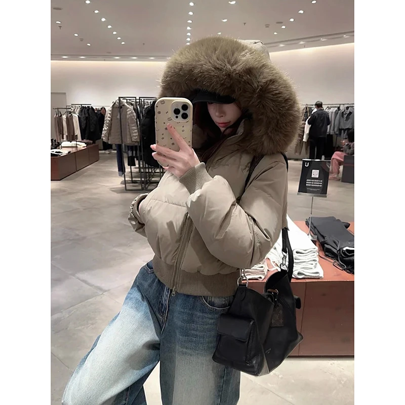 收腰短款羽绒棉服女2025新款大毛领面包服小个子冬季保暖加厚外套