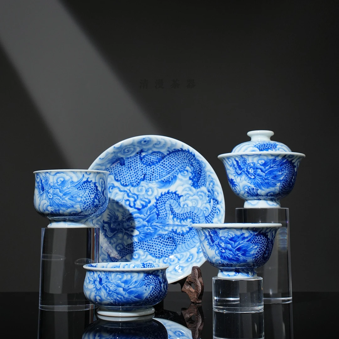 刘建锋窑仿清云龙茶具 景德镇柴窑手绘青花全手工茶具盖碗茶器