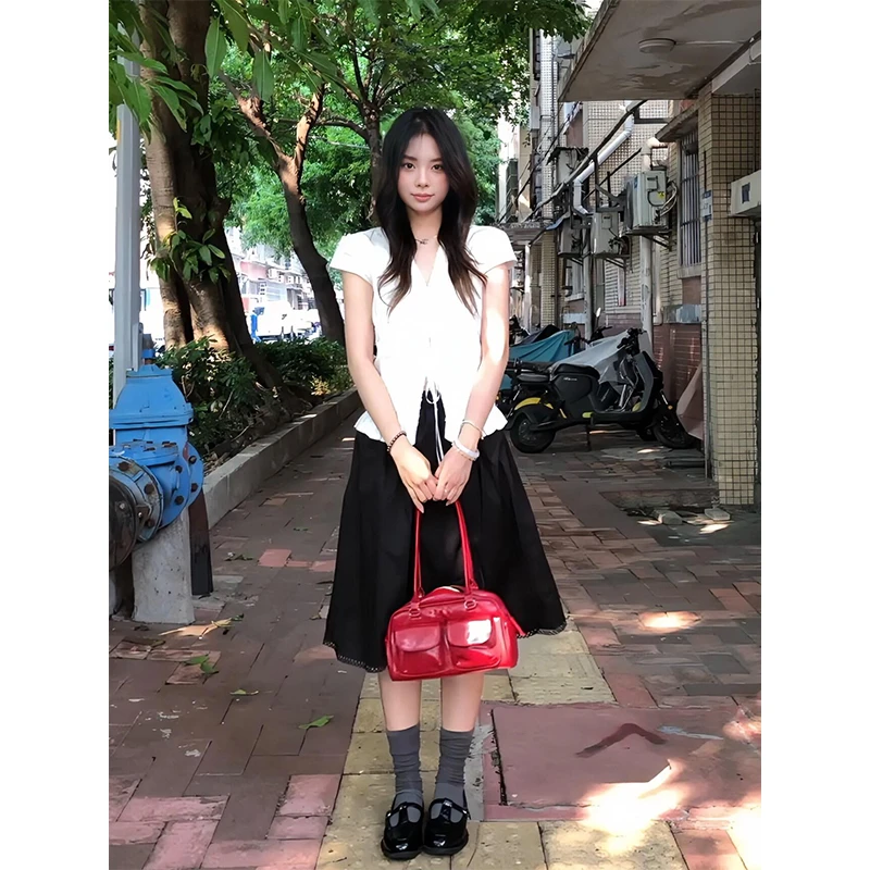 2025新款女士夏季小众设计感蕾丝花边修身显瘦系带短袖上衣半身裙