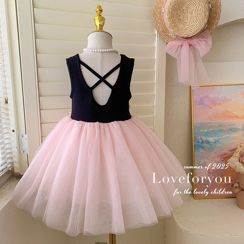 【本妈】2025夏“小芭蕾”女童无袖镂空后背网纱连衣裙HC6169