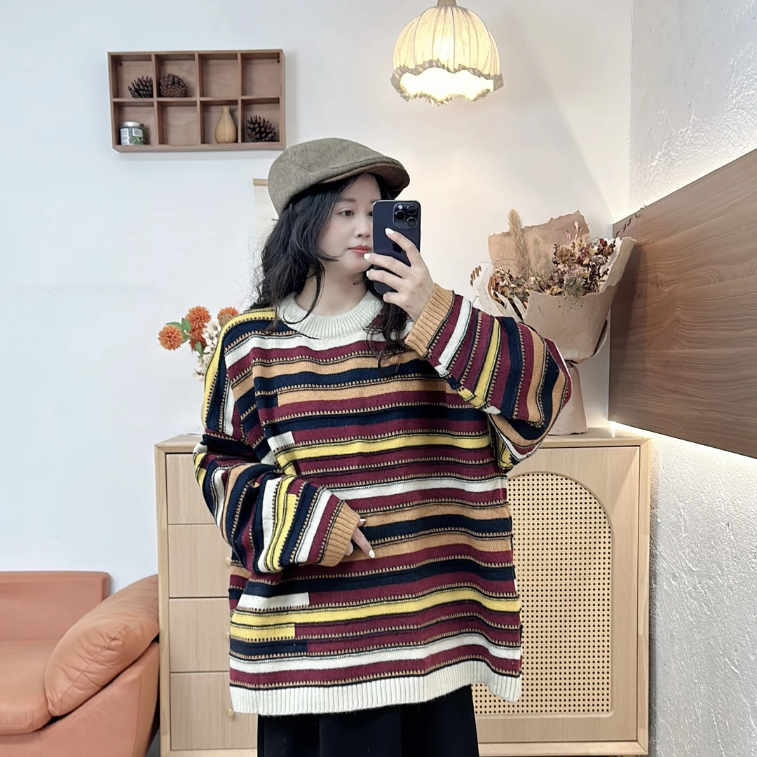 250791秋冬韩版百搭慵懒风彩条针织套头毛衣