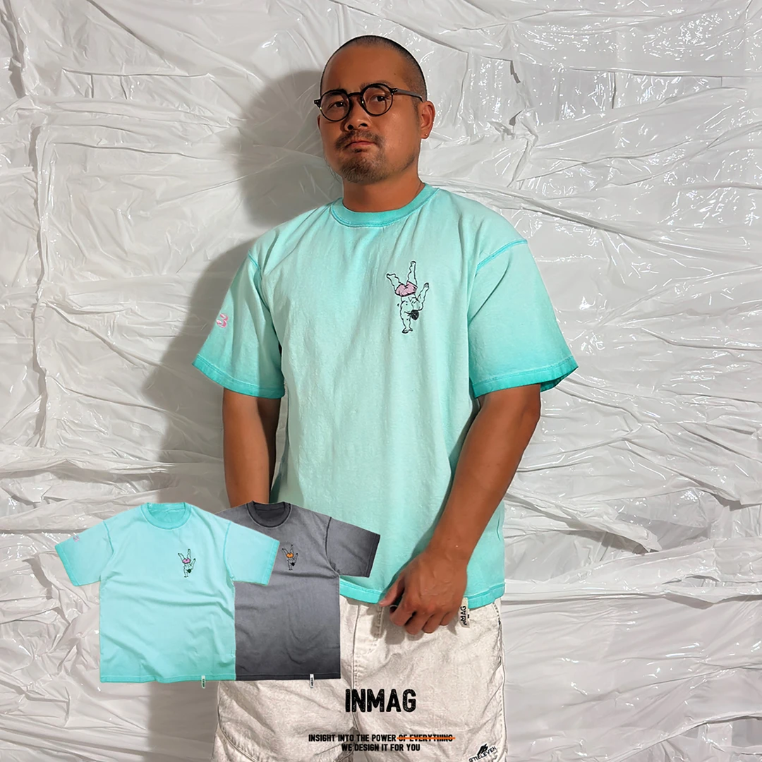 INMAG原创宽松刺绣男式圆领T恤炒色反面穿糖果色水洗纯棉宽松短袖