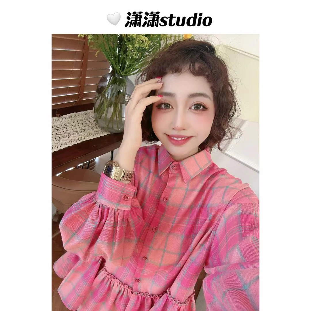 【人间水蜜桃】【格衬衣】潇潇定制面料拼接下摆韩系百搭衬衣XS2341