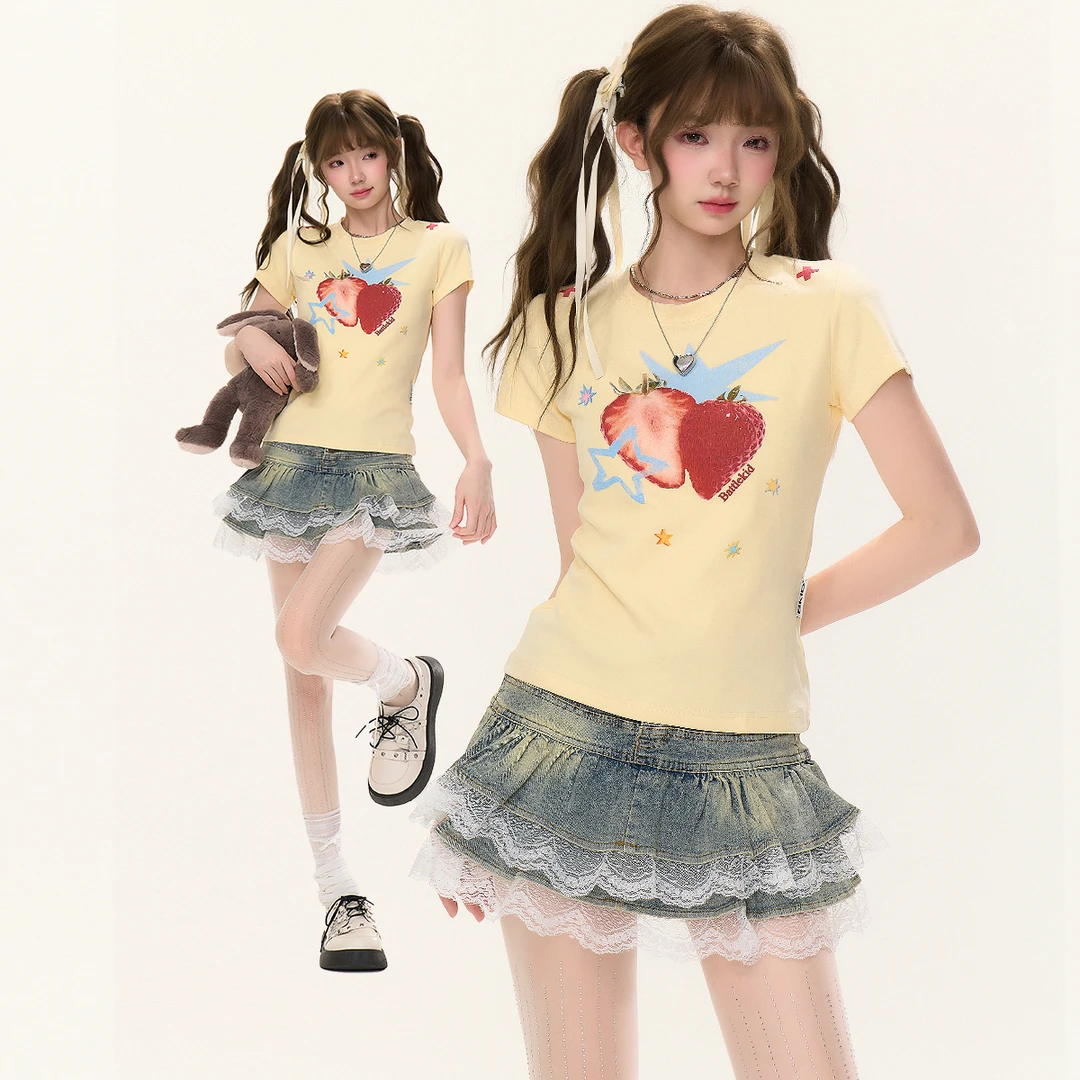 自然涩老钱风短袖休闲风3D草莓印花T恤设计感夏季圆领短款薄款