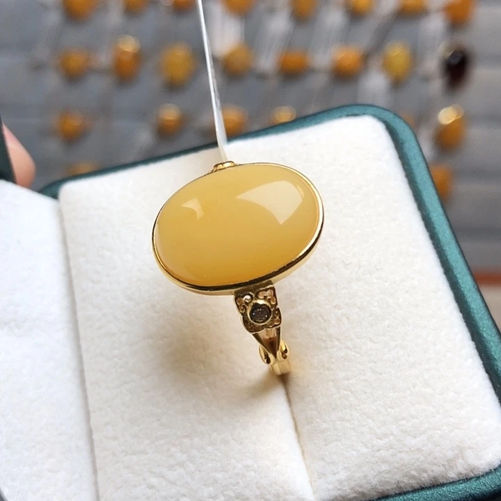 蜜蜡银S925镀金镶嵌戒指