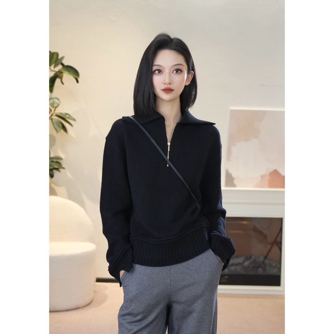 GIRDEAR/哥弟设计感翻领长袖复古软糯极简风套头羊毛衫1399674
