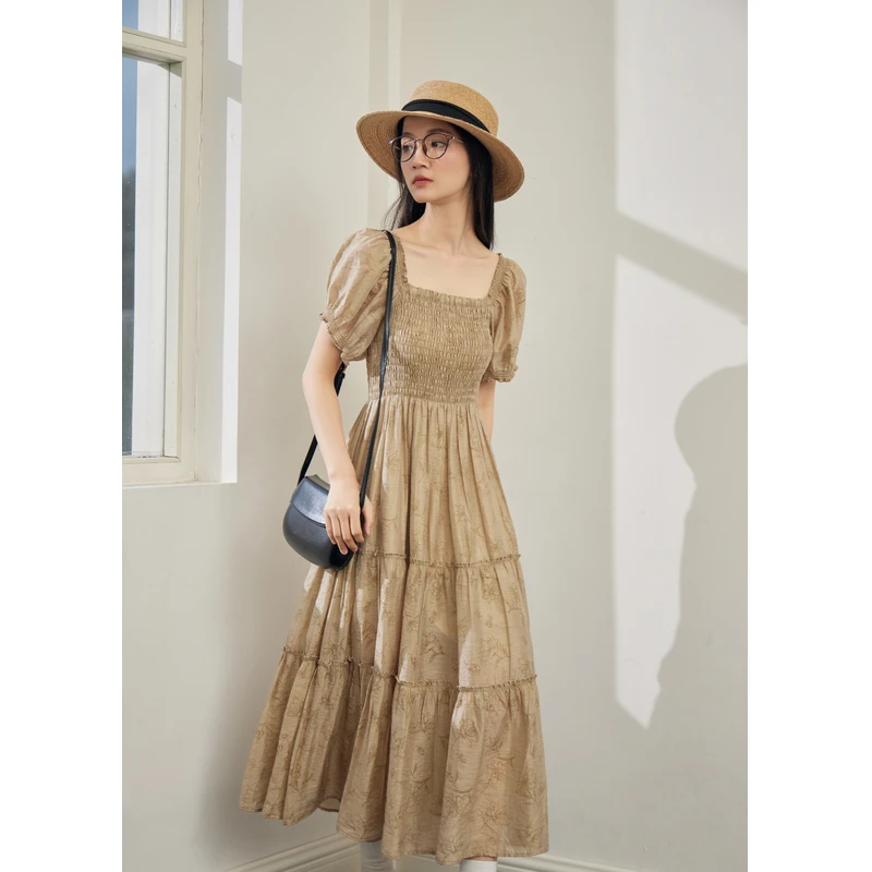 紫涵打揽印花连衣裙夏季甜美风收腰方领中长裙Z4Z04JS732