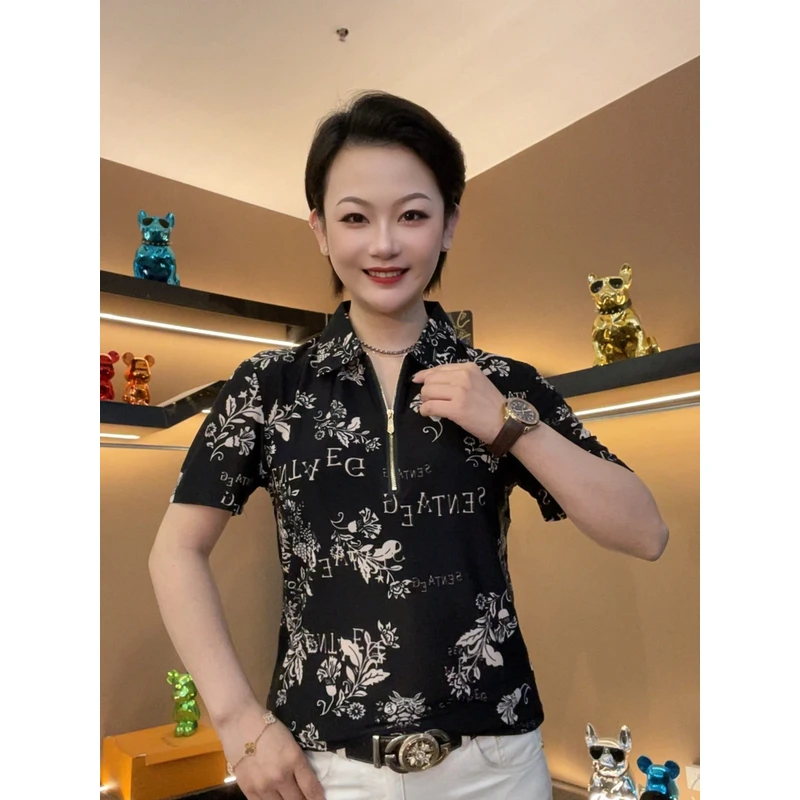 夏季半袖潮流立领网红男士拉链短袖休闲百搭印花薄款时尚t恤男款