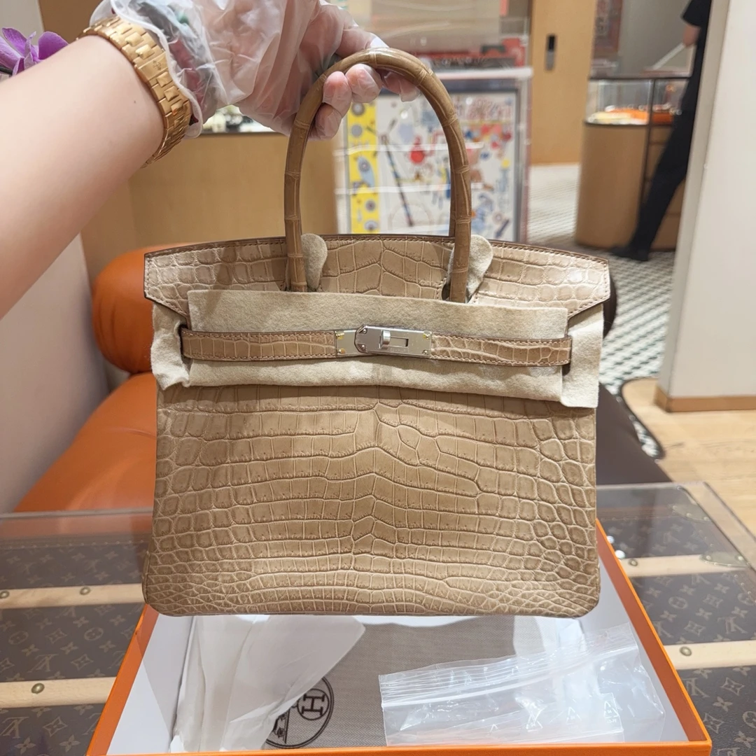 99新 Hermes/爱马仕 birkin30 尘埃色银扣 雾面两点鳄鱼 框 O
