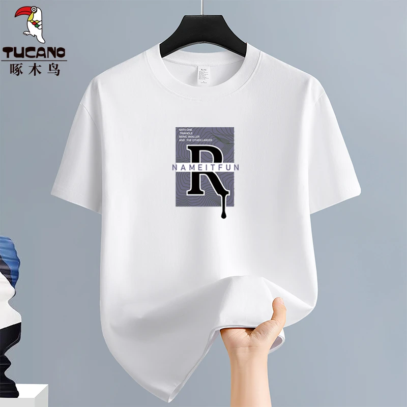 啄木鸟纯棉短袖T恤男中年圆领全棉半袖夏季休闲白色打底衫男体恤