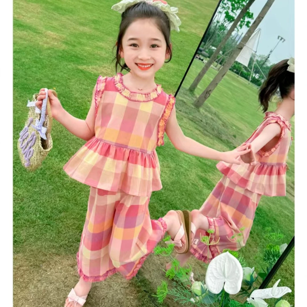 女童儿童新款套装裙纯色学院风休闲风女韩版夏季薄款格子女宝套装