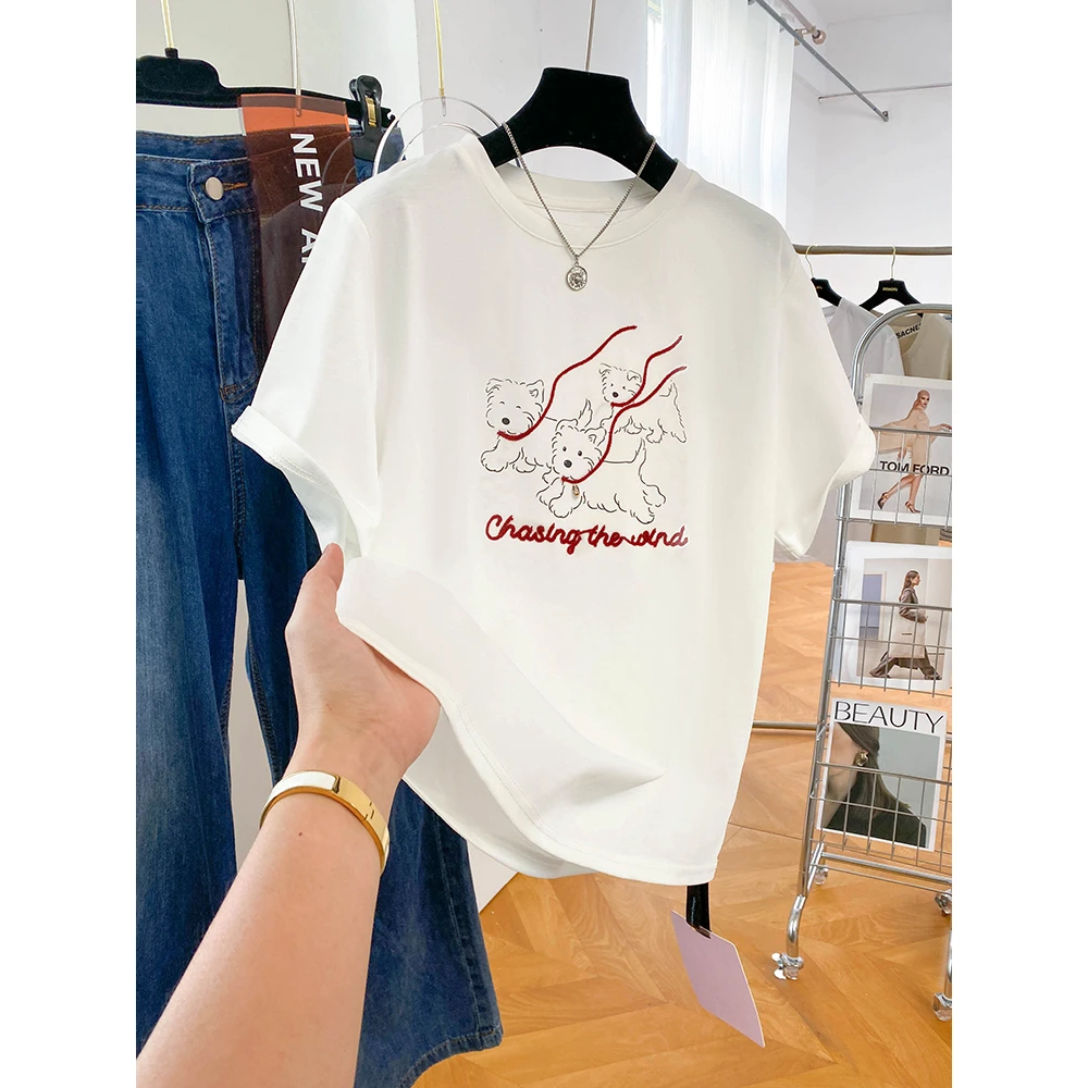 2025新款小狗印花t恤女夏短袖宽松大码胖mm韩系chic半袖上衣服t