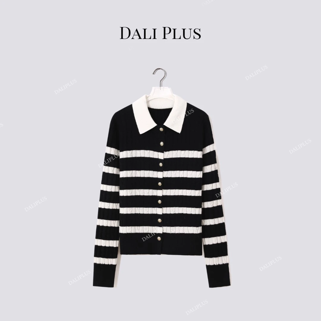 DALI PLUS“100绵羊毛黑白条纹针织”单排扣针织开衫-D5ST1545