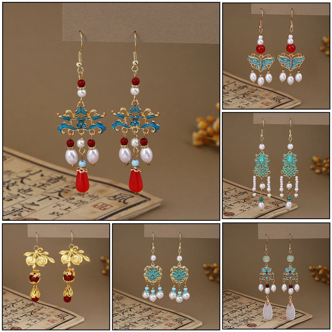 新中式蝴蝶水滴珍珠流苏耳钩女 国潮轻奢平安扣古装旗袍百搭耳饰