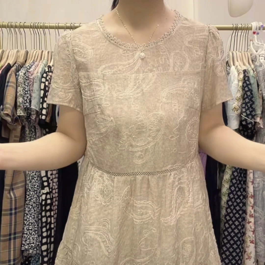 FL186】夏装新款时尚收腰提花显瘦中长款连衣裙