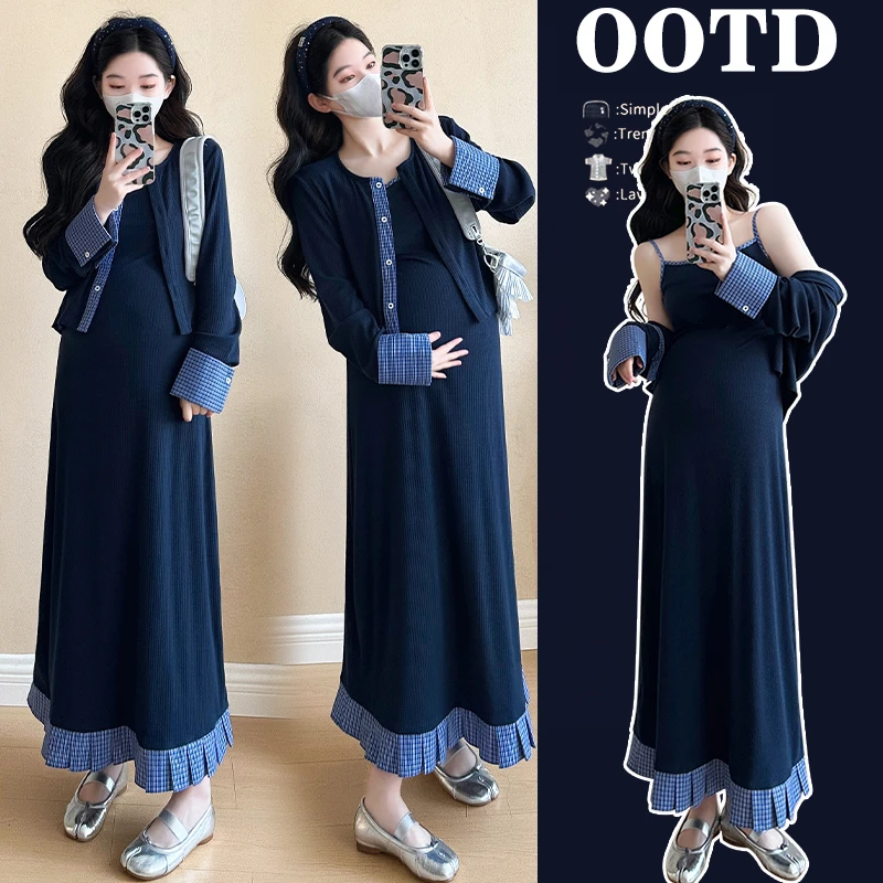 { 糕糕 }孕妇装2025春季新款韩系撞色吊带连衣裙百搭长袖开衫套装
