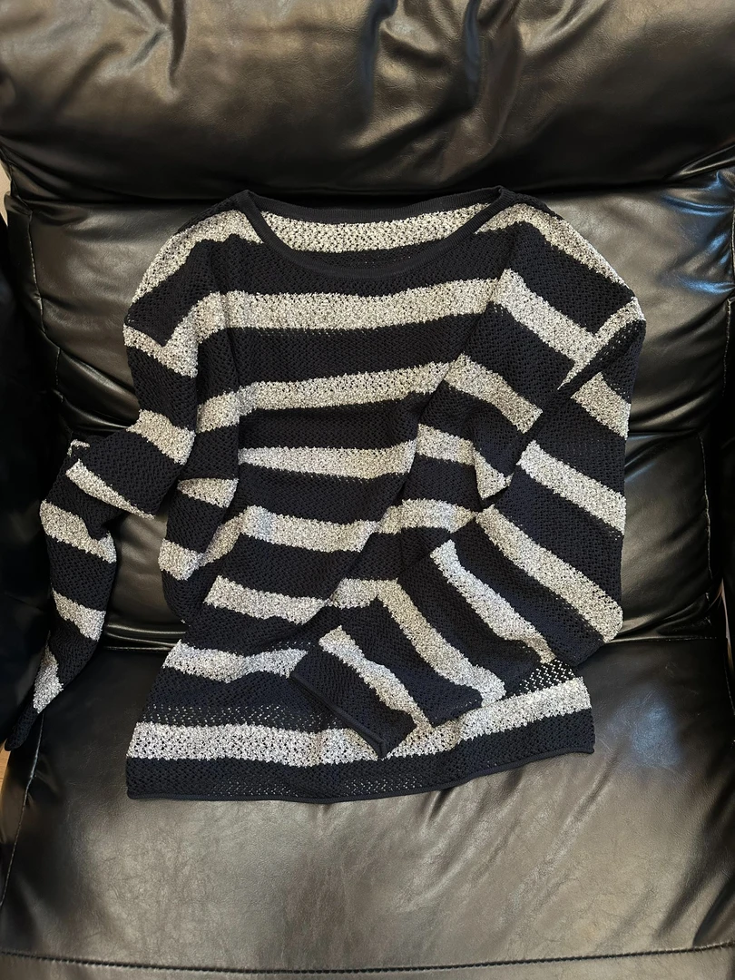 “striped linen” 镂空针织肌理经典撞色条纹亚麻长袖 T 恤Z060