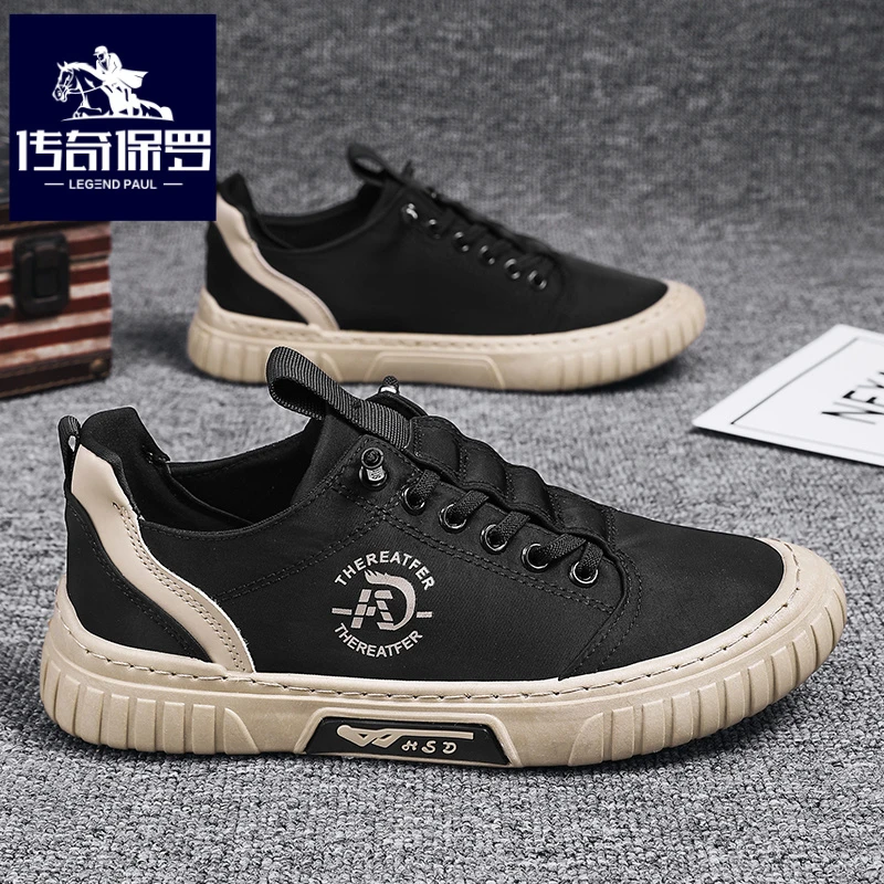 传奇保罗正版男鞋冬季黑色工作休闲布鞋男一脚蹬百搭防滑运动板鞋
