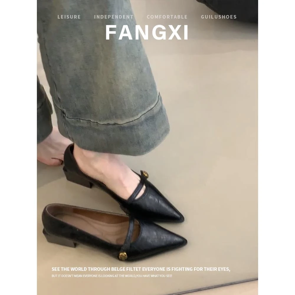 软皮版~春秋法式尖头中跟玛丽珍高跟鞋女浅口鞋子一字扣粗跟单鞋