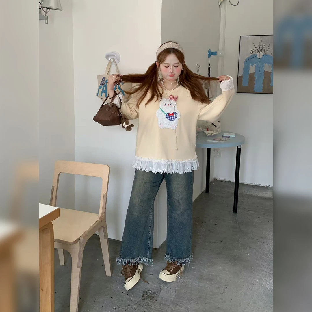 徐达布【琅夏野菊】大码复古牛仔裤女秋微胖蓝色直筒裤H35621C52