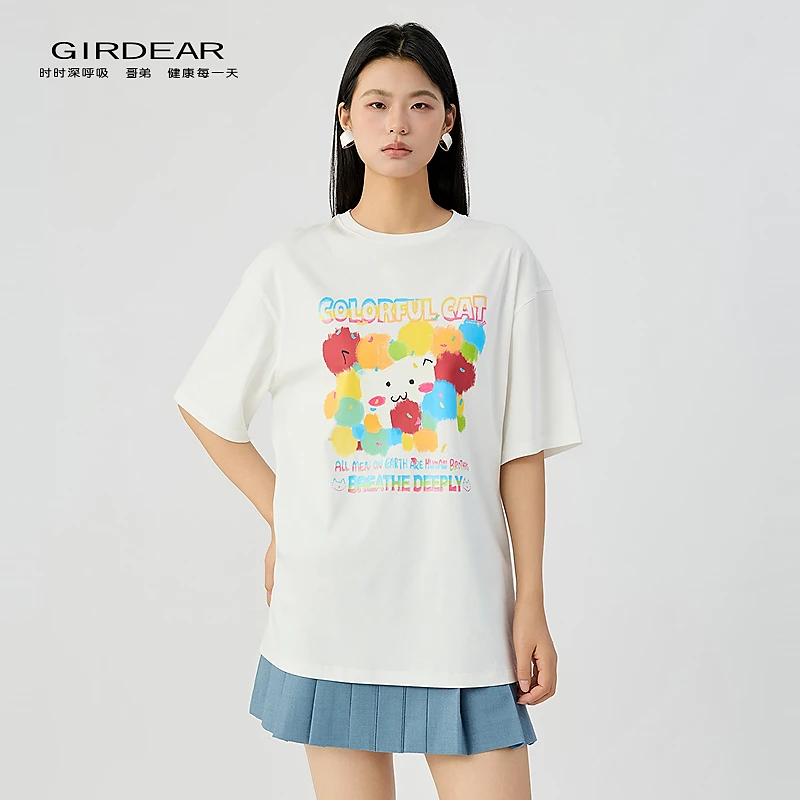 哥弟品质女装经典百搭舒适时尚圆领数码拔印休闲百搭潮T恤130065