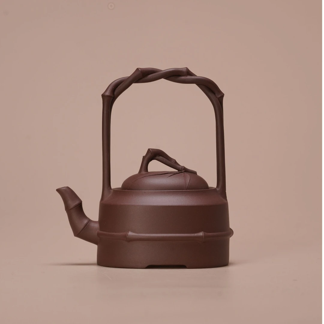 早期壶 紫砂一厂绞竹提梁 紫泥 160cc 90年代镭射标作品 紫砂壶