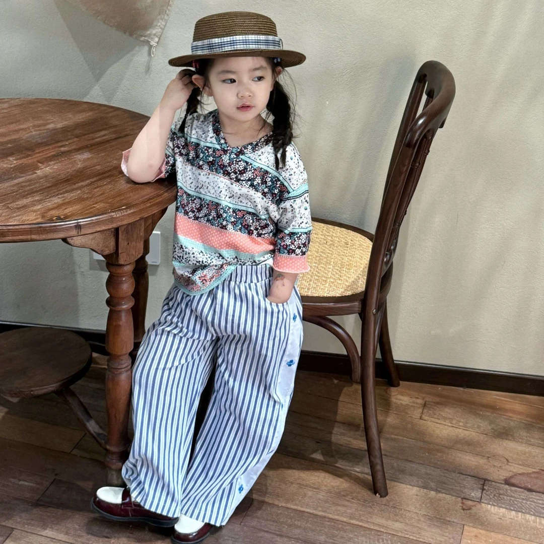 小惜亦夏季韩版童装女童V字领拼色短袖条纹休闲裤时髦儿童套装