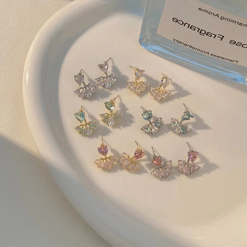 铜合金锆石耳饰 新款时尚耳环爱心前后两戴扇形精致设计感百搭简