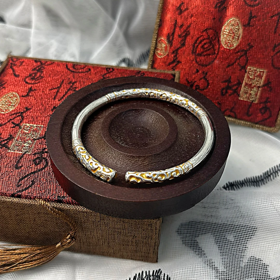 足银手镯 999.9 【S145】35g 描金色金箍棒开口手镯经典百搭手工时