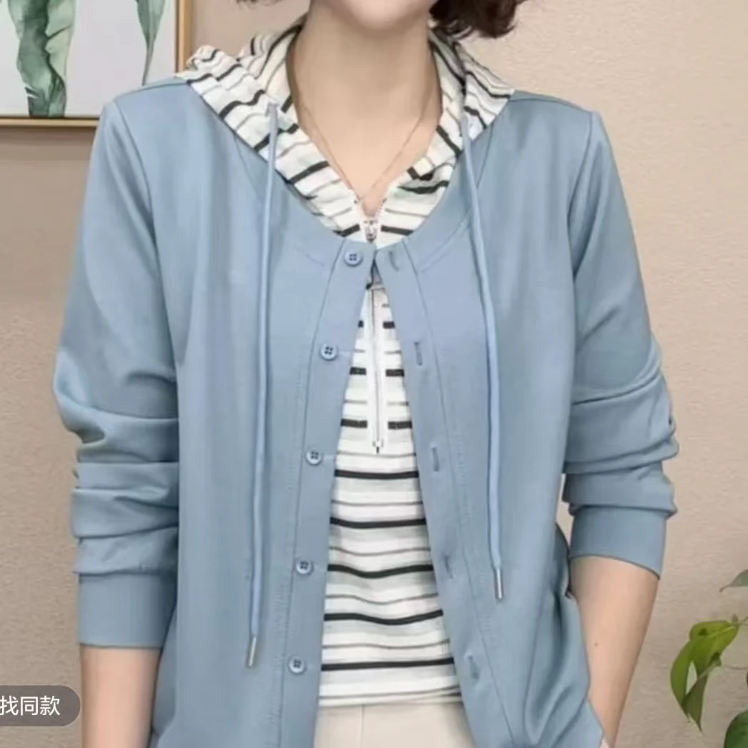 2025春秋新款时尚气质洋气休闲百搭连帽女士假两件长袖