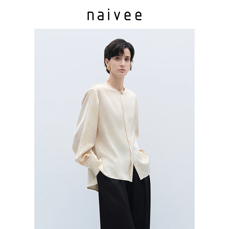 【官旗】Naivee/纳薇春松弛老钱风牡丹印花圆领盘扣衬衫女251241311