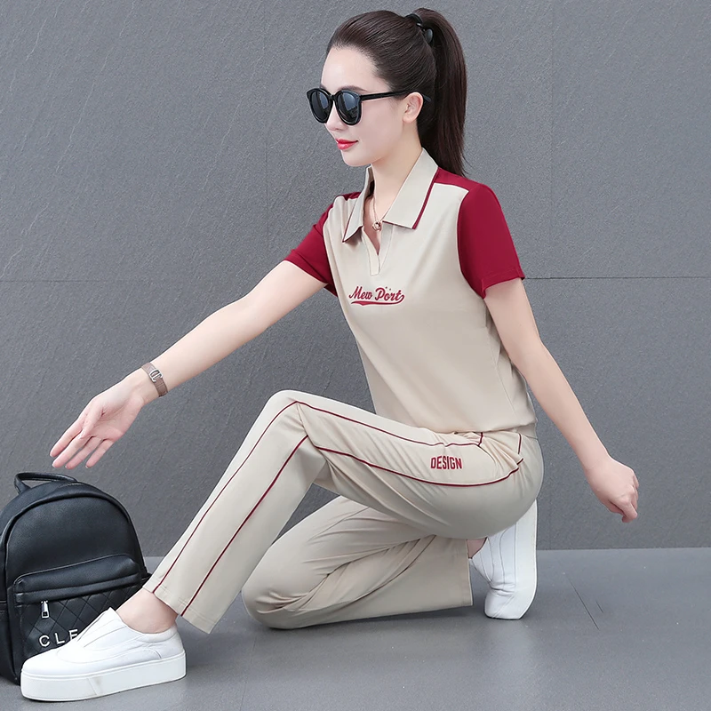 中老年妈妈夏季时尚洋气短袖运动服套装女中年宽松显瘦T恤两件套