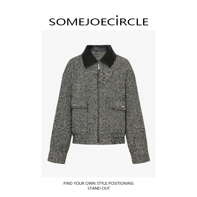 SOMEJOECIRCLE【M】25秋季含绵羊毛粗纺黑白花呢素皮领夹克Z7274