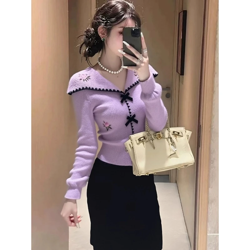 韩系紫色海军领针织上衣女2025新款秋冬减龄气质掐腰打底毛衣小衫