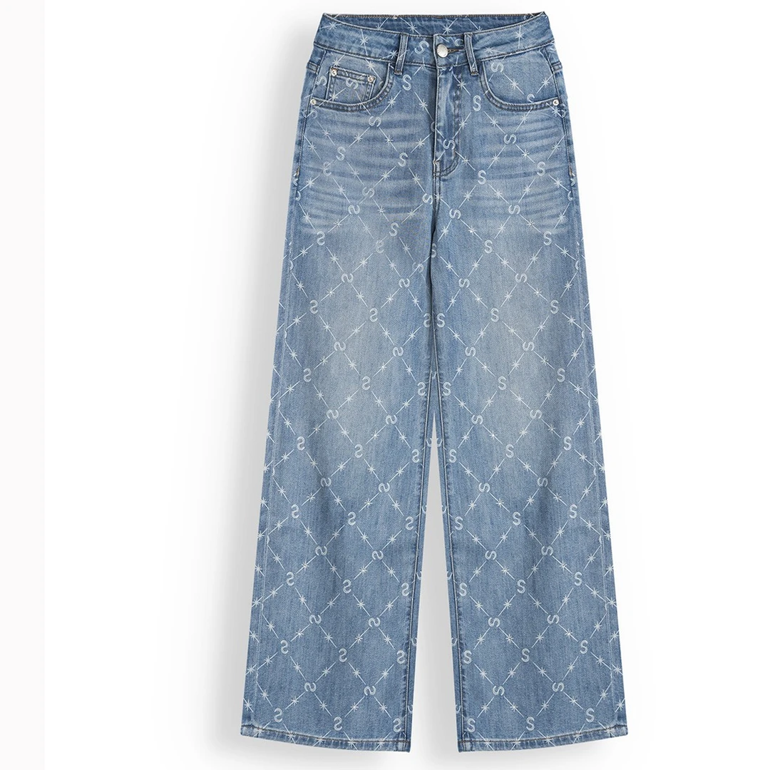 【鹿小柒专属】天丝印花显瘦垂感冰爽柔软亲肤直筒牛仔裤 98527