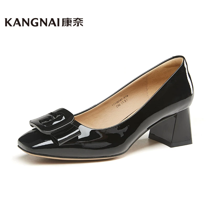 Kangnai/康奈36161专柜正品真漆皮方头高跟鞋粗跟舒适职业女单鞋