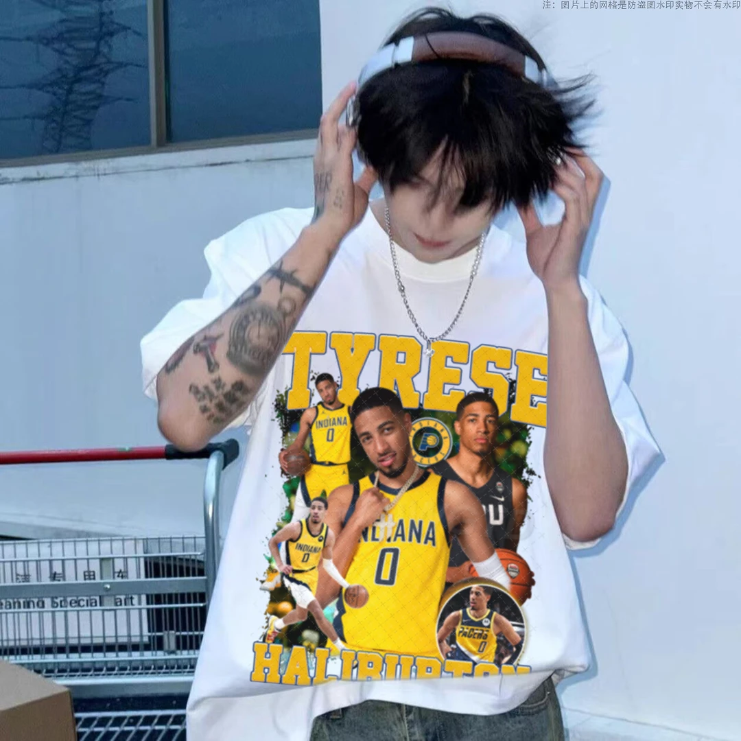 泰里斯哈利伯顿潮牌男装美式复古印花圆领重磅短袖上衣休闲宽松